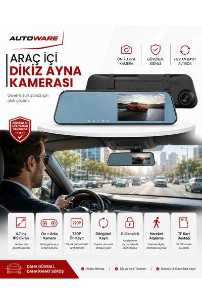 Autoware Araç İçi Dikiz Ayna Kamerası – Ön ve Arka Kamera – 4.7” IPS Ekran – ...