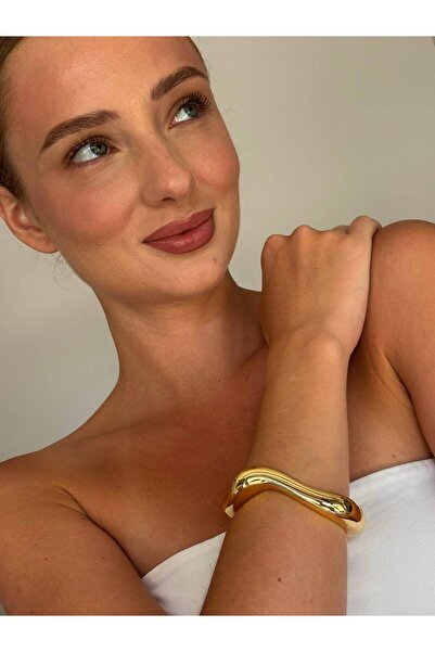 Fematalier Dalgalı Minimal Kadın Gold Renk Kelepçe Bileklik