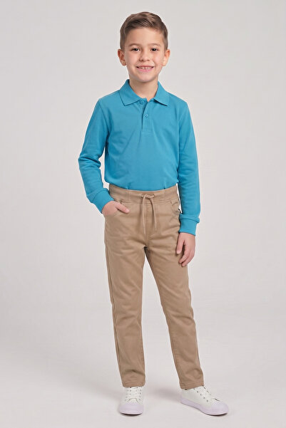 nacar çarşı Boys' Turquoise Long Sleeve Polo Collar T-Shirt Beige Ribbed Wais...