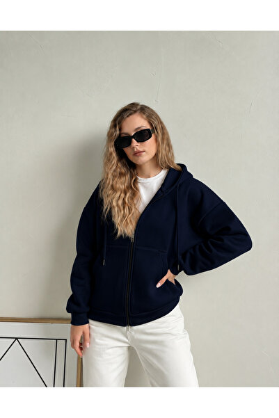 YAKAMEL KADIN 3 İPLİK KAPÜŞONLU FERMUARLI OVERSİZE SWEATSHIRT HIRKA