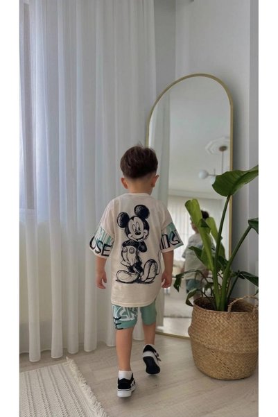 GREYFURTKİDS Mickey Mouse Front and Back Printed Cotton Men's Shorts Set