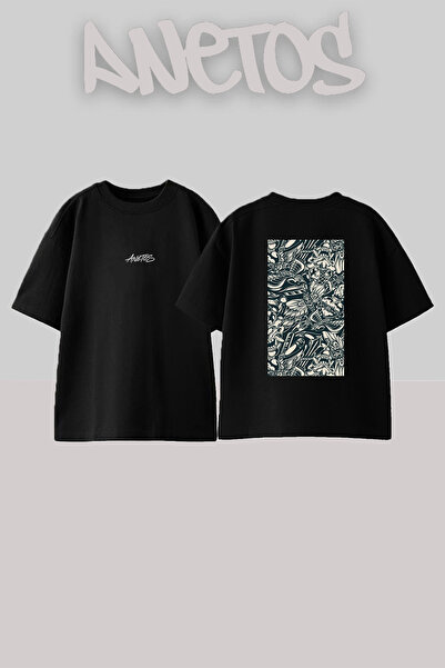 Anetos Tattoo Flash Design Back Printed Cotton Black Oversize T-Shirt