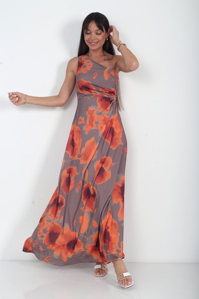 By Saygı Women's One Shoulder Side Window Print Long Crepe Satin Dress