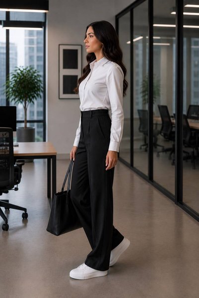 mooishan Violeta Women's Black High Waist Palazzo Special Production Fabric Trousers with Elastic Waist on the Sides