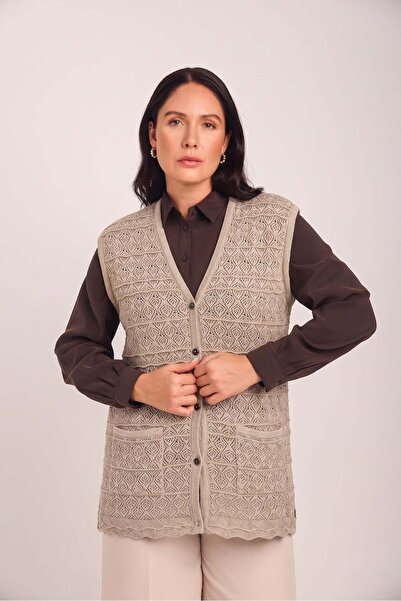 Uludağ Triko Women's Sand Lace Knitted Patterned Buttoned Pocketed Vest
