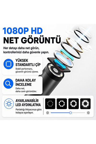 uninet 5 Metre Kendinden Ekranlı 3 Kameralı Endoskop Yılan Kamera Video Kayıt...