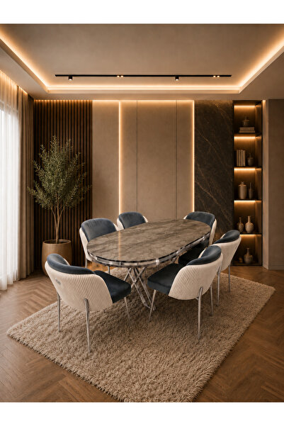 Concept Ayz Home Lara Krom Serisi Krem-Füme Kumaş 6 Kişilik 90×168 Oval İrony...