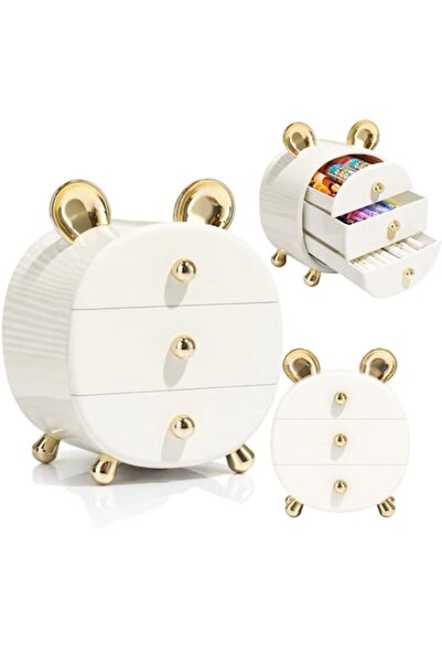 OEM Organizator cosmetic cu 3 sertare, 29,2 x 23,2 x 17 cm, Acrilic, Alb/Auriu