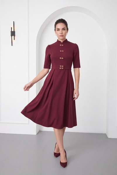 Lafaba Women's Burgundy High Neck Accessory Detailed Midi Flared Event Dress