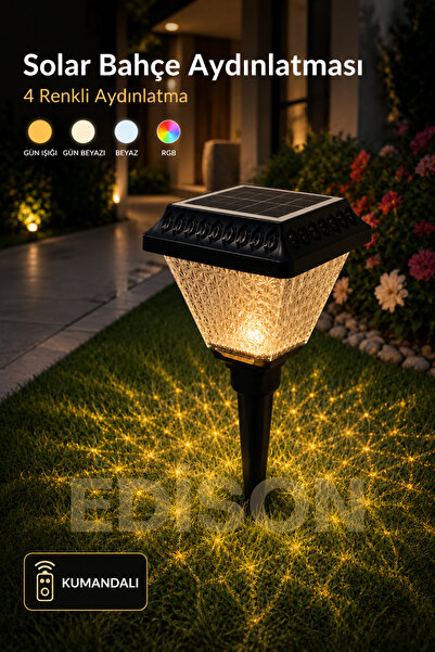 Edison Solar Kazıklı Bahçe Lambası Kumandalı 4 Renk RGB LED 30W 200 Lümen IP6...