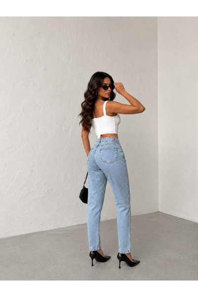 SHEVEGA Mamaliga Kadın Buz Mavi Taş Detaylı Boyfriend Mom Jeans Kot Pantolon