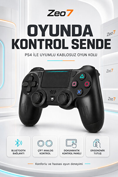 Zeo7 PS4 ve Bilgisayar Uyumlu Yeni Nesil V2 Titreşimli Kablosuz Oyun Kolu Siy...