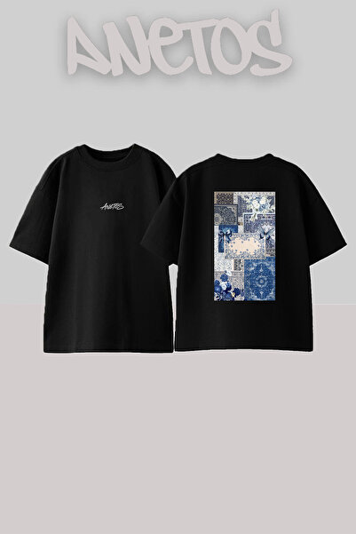 Anetos Blue Floral Hali Design Back Printed Cotton Black Oversize T-Shirt