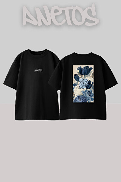 Anetos Blue Flower Calligraphy Design Back Printed Cotton Black Oversize T-Shirt