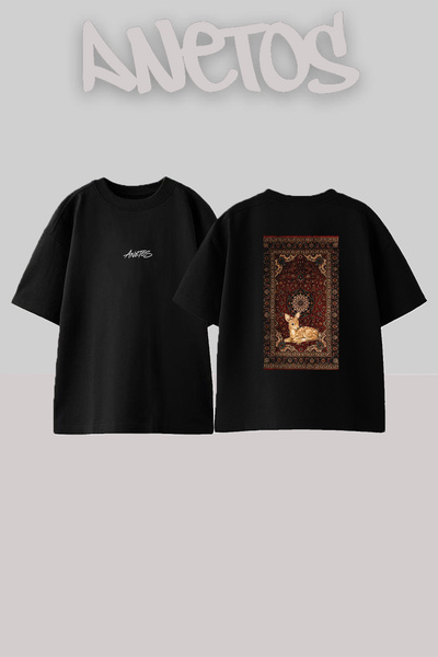 Anetos Fawn Oriental Rug_1 Design Back Printed Cotton Black Oversize T-Shirt