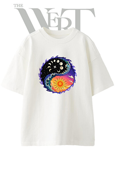 THEWERT Tricou oversize alb unisex cu imprimeu Yin Yang Design
