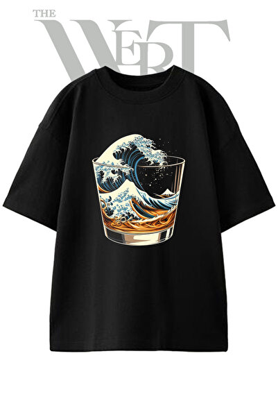 THEWERT Tricou supradimensionat negru unisex cu imprimeu Kanagawa Whiskey Design