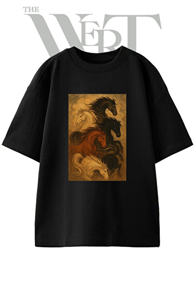 THEWERT Μπλουζάκι Unisex Μαύρο Oversize με στάμπα Horses Flowing Design