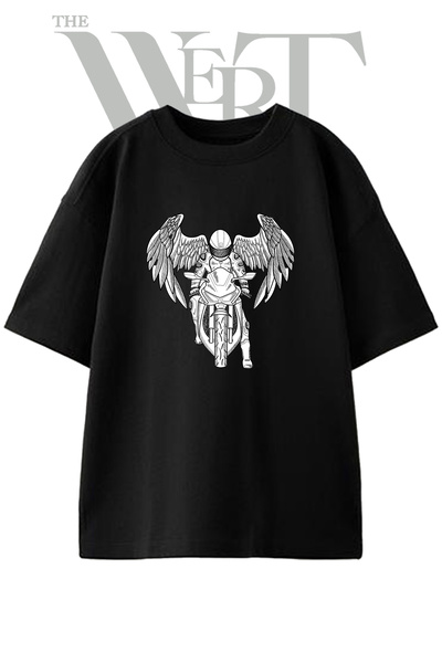 THEWERT Biker Angel Design Printed Unisex Black Oversize T-Shirt