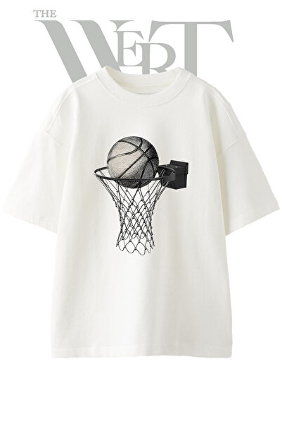 THEWERT Tricou oversize alb unisex cu imprimeu cu design cerc de baschet