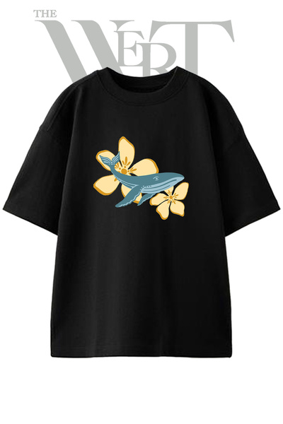 THEWERT Whale Cicek Design Printed Unisex Black Oversize T-Shirt