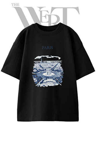 THEWERT Paris Eiffel Design Printed Unisex Black Oversize T-Shirt