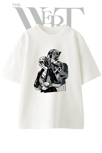 THEWERT Tricou oversize alb unisex cu imprimeu Biker Couple 5 Design