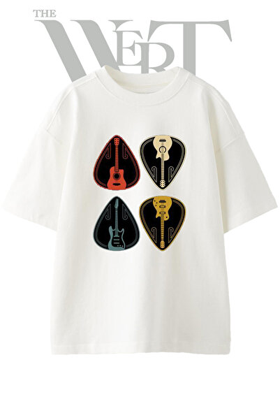 THEWERT Μπλουζάκι με σχέδιο Guitar Pick, εμπριμέ, Unisex, λευκό, oversized