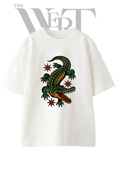 THEWERT Μπλουζάκι Unisex Λευκό Oversize με στάμπα με σχέδιο τατουάζ αλιγάτορα