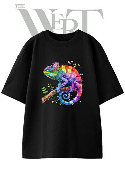 THEWERT Rainbow Chameleon_1 Design Printed Unisex Black Oversize T-Shirt