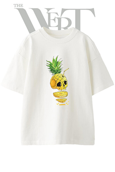 THEWERT Tricou oversize alb unisex cu imprimeu Pineapple Skull Head Design