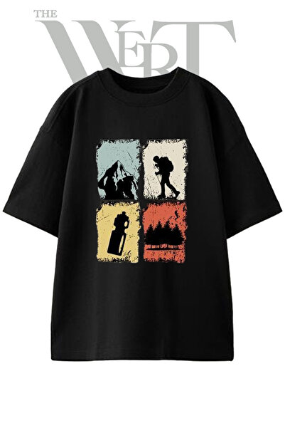 THEWERT Day Trekking Design Printed Unisex Black Oversize T-Shirt