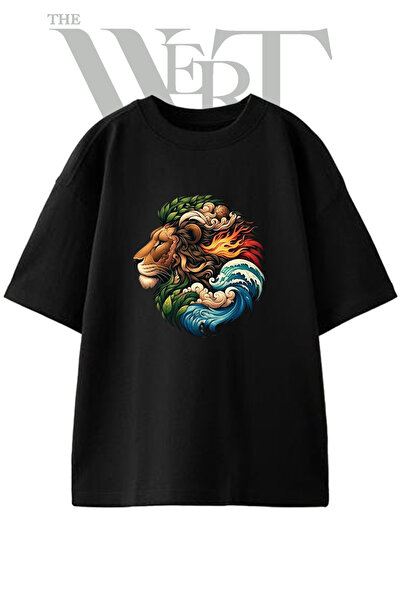THEWERT Μπλουζάκι Elemental Lion Design με στάμπα Unisex σε μαύρο χρώμα και o...