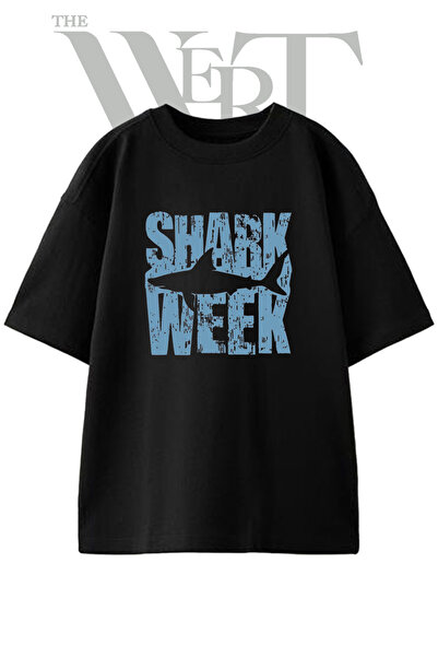 THEWERT Μπλουζάκι με στάμπα Shark Week Design, Unisex, Μαύρο, Oversize