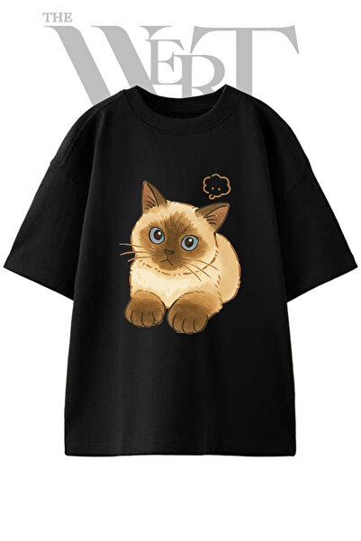 THEWERT Siamese Cat_2 Design Printed Unisex Black Oversize T-Shirt