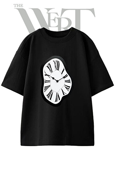 THEWERT Dali Clock Design Printed Unisex Black Oversize T-Shirt