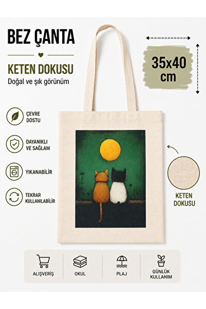 Keten Bez Çanta 35x40 cm – Baskılı Kanvas Tote Bag – Günlük Alışveriş ve Plaj Çantası