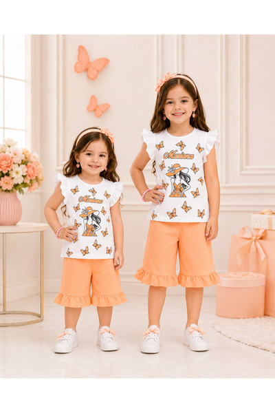 Generic Brand Tricou cu volane cu imprimeu fluturi pentru fete și pantaloni s...