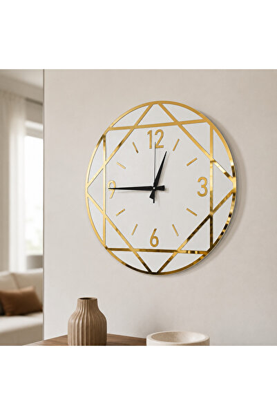 AA Shop 45 cm Geometrik Desenli Aynalı Gold Pleksi Duvar Saati, Sessiz Akar M...