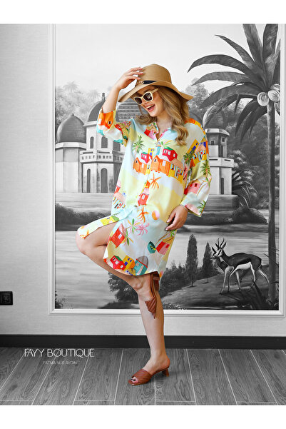 CapriMare Colorful Coast Patterned Shirt Collar Viscose Summer Dress