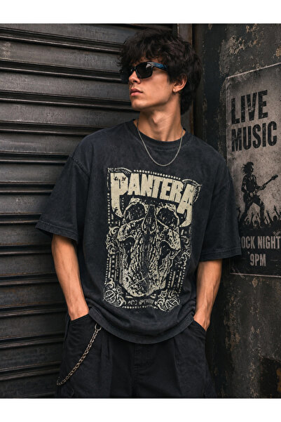 Unisex Siyah Oversize 100% Pamuk Sırt ve Ön Baskılı Bisiklet Yaka Sokak Stili T-shirt PANTERA
