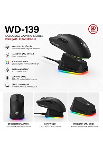 gaman Jedel WD139 Şarjlı Kablosuz RGB Gaming Mouse Şarj İstasyonlu Manyetik D...