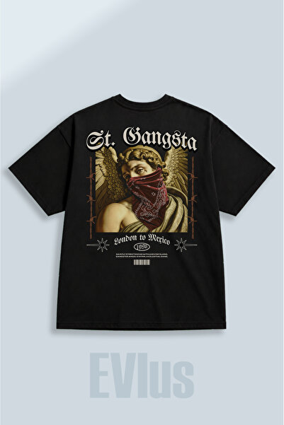 EVIus Oversize Gangsta printed 100% βαμβακερό μπλουζάκι με λαιμόκοψη και φαρδ...