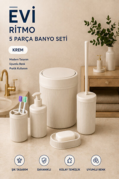 Evi Ev Gereçleri EVİ Ritmo 5 Parça Çizgili Banyo Seti 5 L Çöp Kovası WC Fırça...