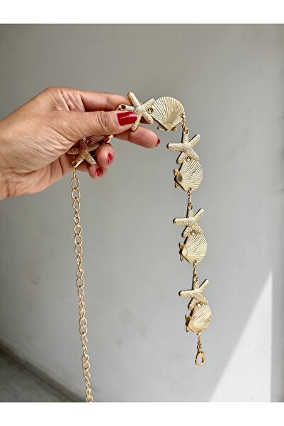 Gözde Tasarım Butik Women's Gold Color Belt with Mussel Shells and Star Chain