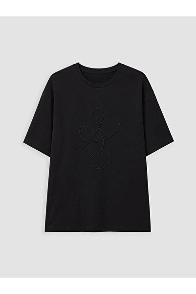 LC Waikiki Black Plus Size Embroidered 100% Cotton Women's T-Shirt