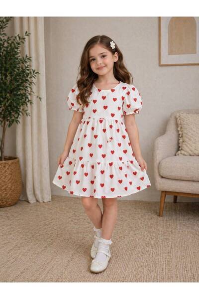 Kuzucuk Kids Bebek Çocuk Butik Kız Çocuk Kalp Desenli Elbise Kısa Kollu Beyaz...