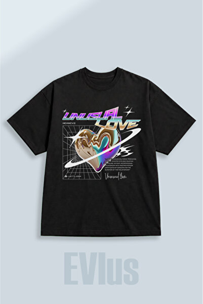 EVIus Tricou negru supradimensionat, neobișnuit, cu imprimeu Love, 100% bumba...