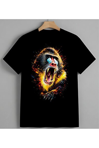 Mandrill Hayvan Renkli Splash Unisex Erkek Kadın Oversize Tişört Siyah