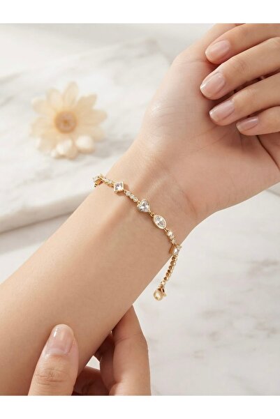 CM Steel Bracelet with Zircon Stones, Heart and Square Detail
